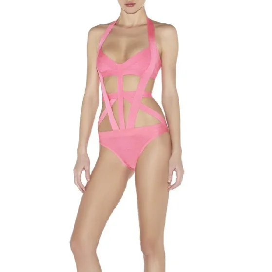 2014 new trendy pink one piece cut out halter bandage swimsuits in the style of Ellie Goulding |
