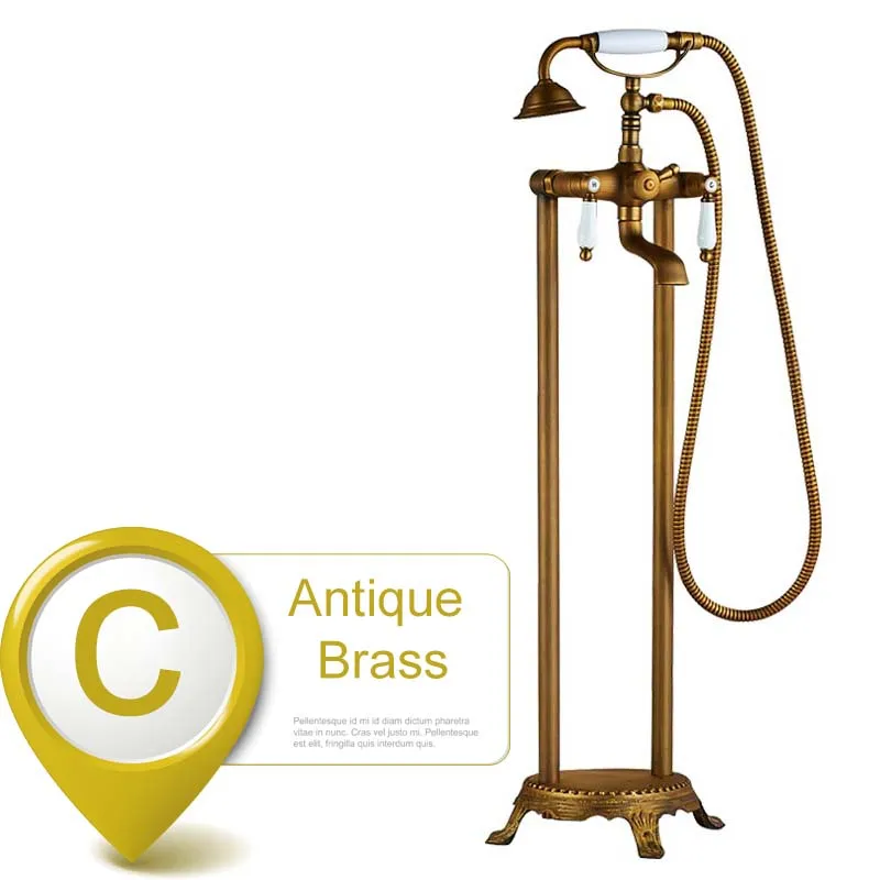 Antique Brass C Латунный античный кран с двумя перекрестными ручками для ванной, отдельно стоящий напольный кран для ванной, кран для ванной, наполнитель с ручным душа - Цвет: Antique Brass C