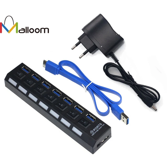 Malloom, Новое поступление, 7 портов, USB 3,0, концентратор, высокая скорость, с адаптером питания для ПК, ноутбука, ноутбука, бесплатный штепсельный адаптер# QD10LR12