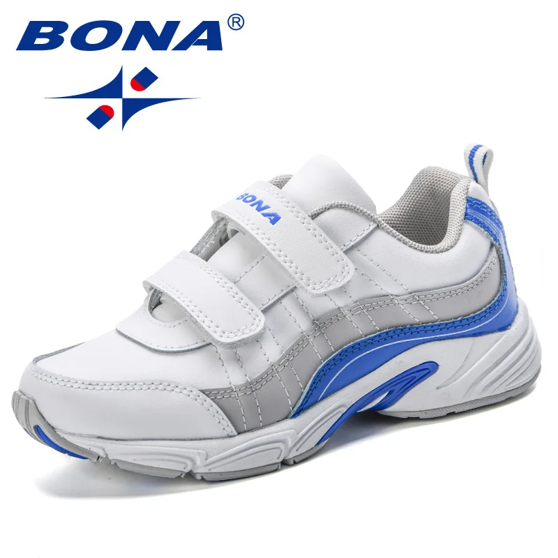 White royal blue BONA/Новое поступление, прочные детские кроссовки, Модные Полосатые кроссовки контрастного цвета для мальчиков и девочек, модные детские спортивные кроссовки для бега - Цвет: White royal blue