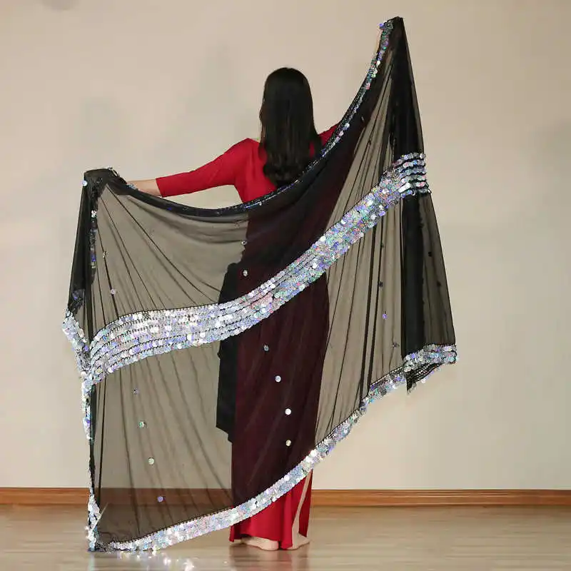 Silver Sequins Шелковые Вуали для танца живота, шарф, шаль, 230 см* 140 см, малая шелковая вуаль, 3 цвета, блестки, аксессуары для танцоров, для женщин - Цвет: Silver Sequins