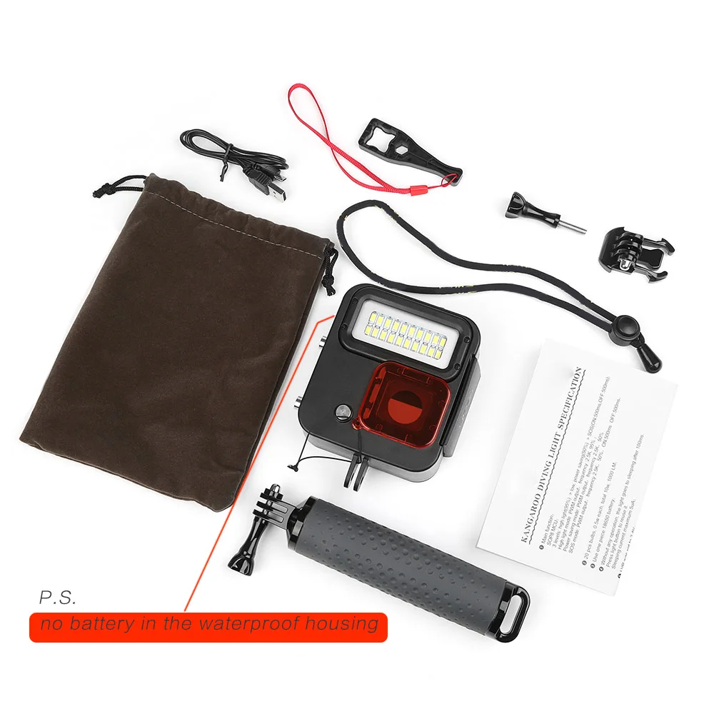 Go Pro 4 Diving LED light with waterproof housing For Gopro Hero 4 GoPro 5 6 EKEN H9Plus H6s H5s plus H7s h8 Camera Accessories - Цвет: non battery kits
