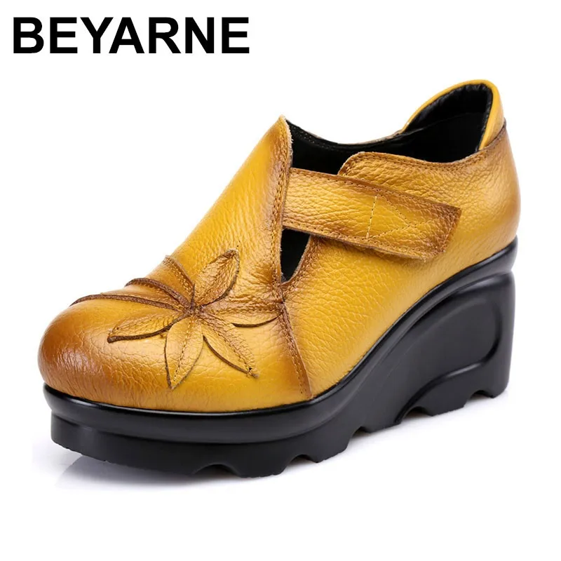

BEYARNE 2018 Women Autumn Genuine Leather High Heels Shoes Handmade Vintage Flower Embroidered Wedges Shoes Woman Pumps