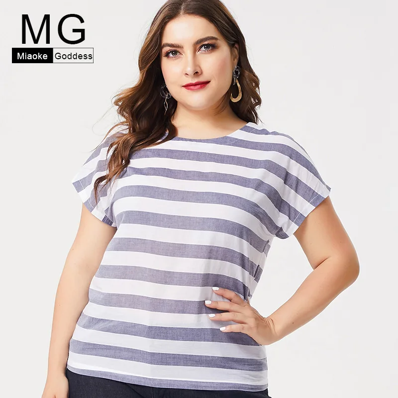 Большие размеры женская летняя Новинка 2019 полосатая рубашка с О образным вырезом