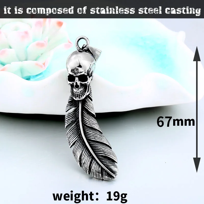 PUNK skull Stainless Steel Leaf chain Feather fashion man necklace pendant for gothic jewelry charm choker | Украшения и