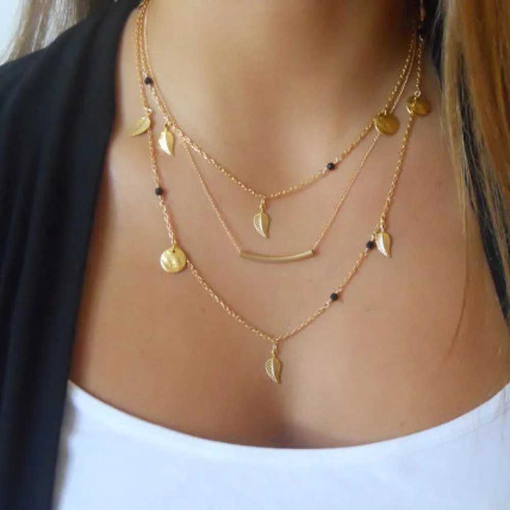 

New Bohemian Gold Silver Choker Chain Necklace Charms Sequins Leaf Tassel Multilayer Pendant Necklace Jewelry