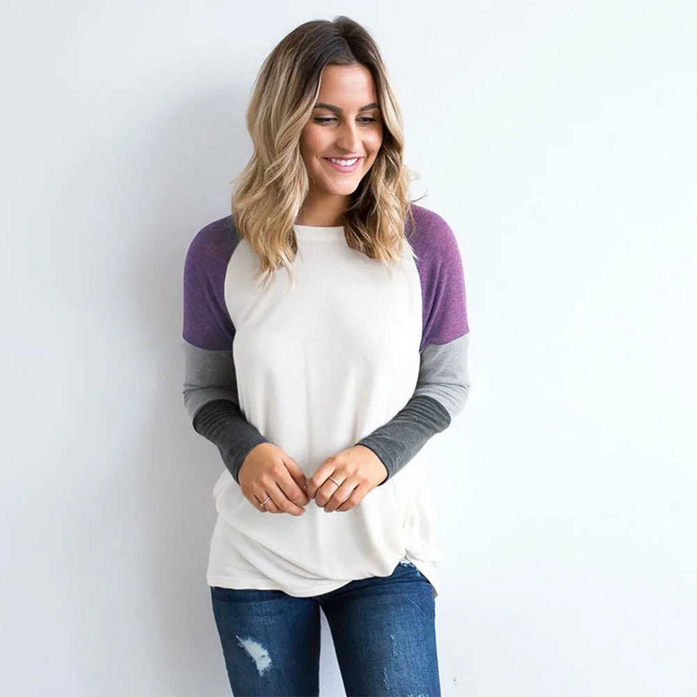 Женская футболка с круглым воротником Лоскутная длинными рукавами в европейском