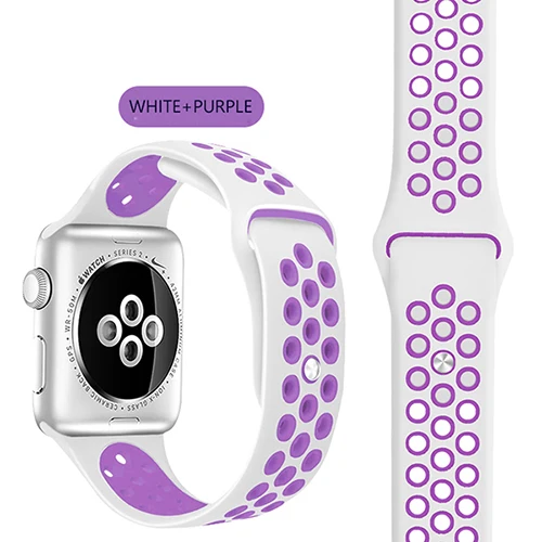 White Purple Эластичный дышащий Силикон Спортивный ремешок для Apple Watch 5 4 3 2 1 42 мм 38 мм резиновые ремешки для Nike+ Iwatch 4 3 40 мм 44 мм - Цвет ремешка: White Purple