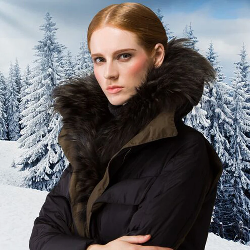 Женский пуховик с воротником из меха енота толстый тонкий на белом утином пуху
