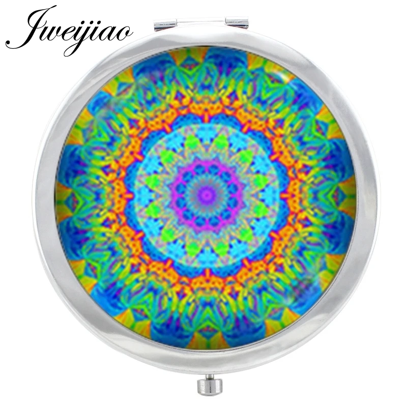 JWEIJIAO Women Mandala Yoga Henna Zen Glass Cabochon Makeup Mirror geometry Girls Beauty Tools Floding Round Pocket | Красота и
