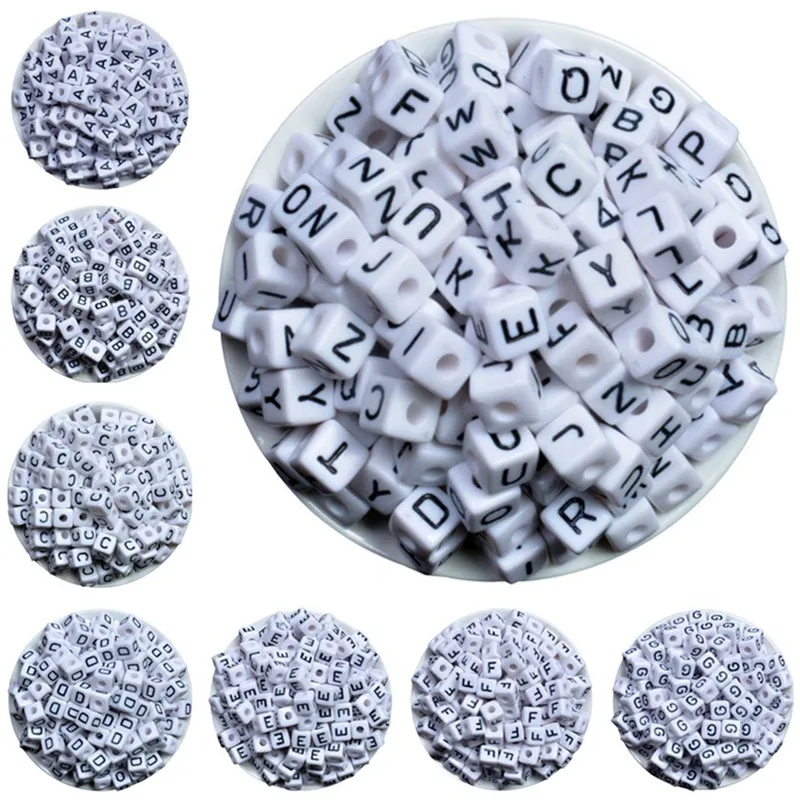 

50Pcs "A-Z" Alphabet Letter Cubic Beads White 10x10mm Baby Teether Necklace&Pacifier Clip Spacer Acrylic Letter Beads