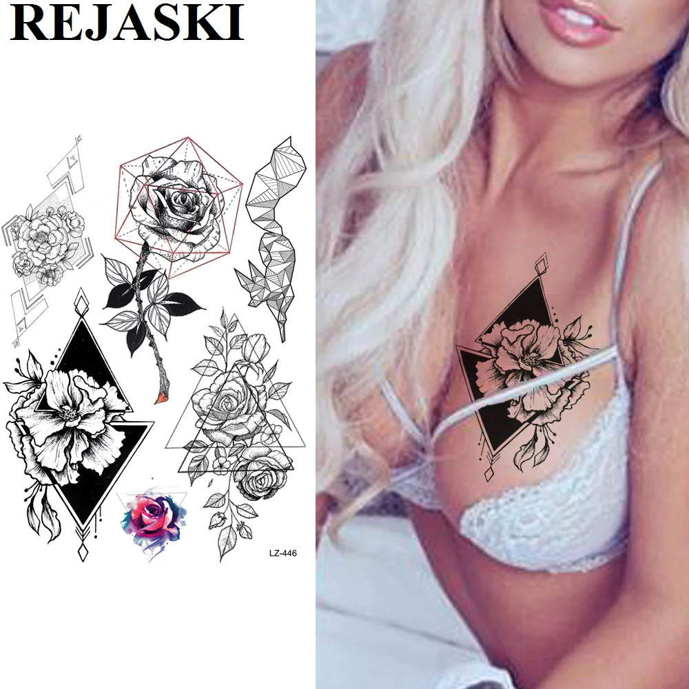 

REJASKI Geometric Rose Flower Temporary Tattoos for Women Sticker Fake Jewelrys Tattoos Triangle Art Realistic Sexy Tattoos