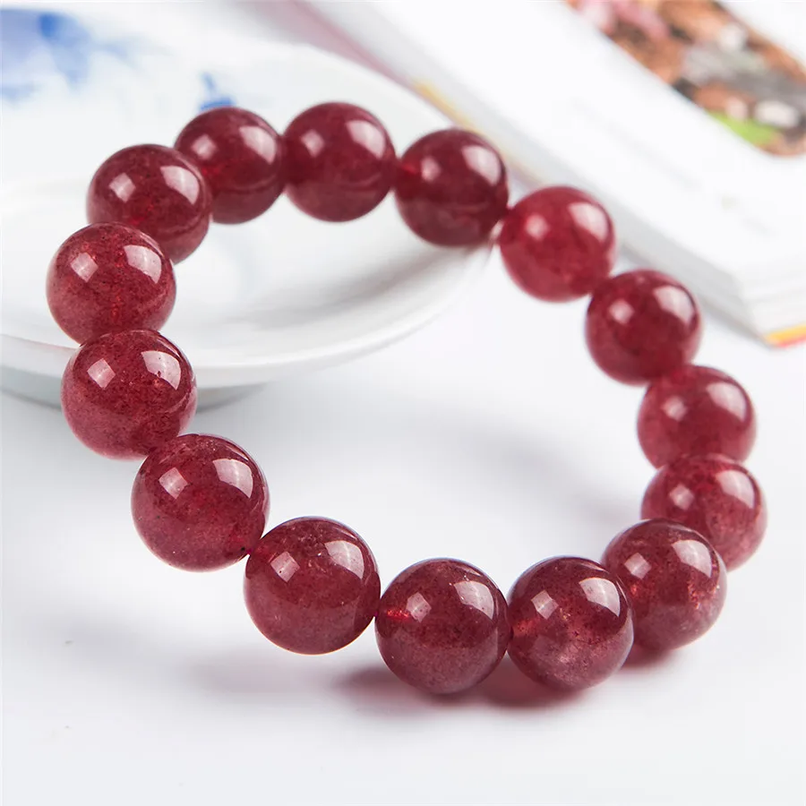 Genuine Red Natural Strawberry Quartz Gemstone Crystal Round Bead Stretch Bracelet 13mm | Украшения и аксессуары