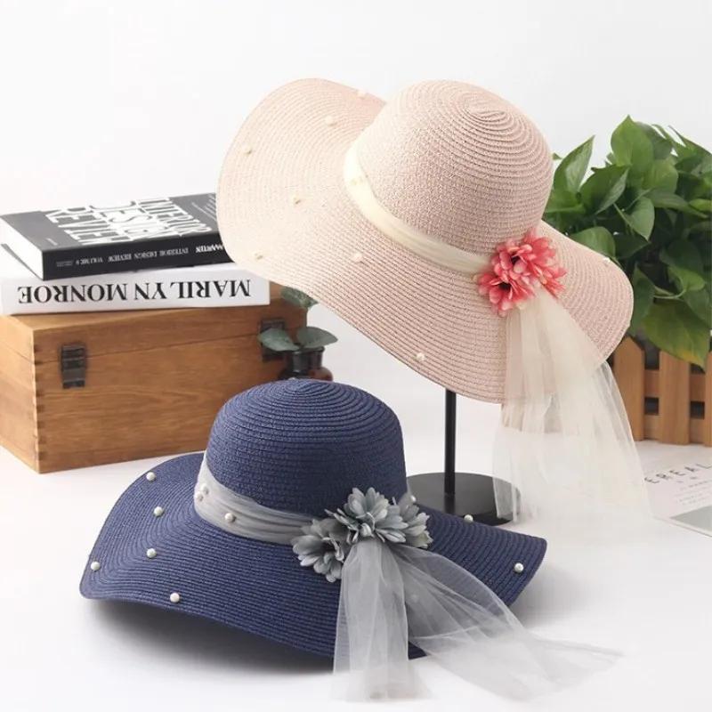 Шляпка от солнца с жемчугом женская однотонная большая пляжная шапка мягкими