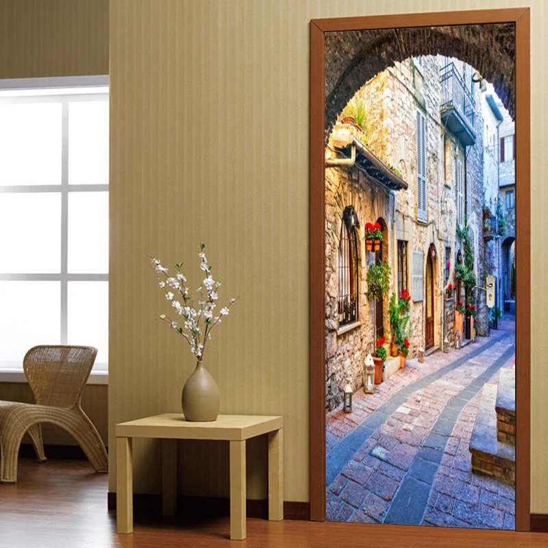 

3D Door Wallpaper Italian Town Street View Door Sticker Photo Wall Paper Mural PVC Waterproof Self Adhesive Papel De Parede 3D