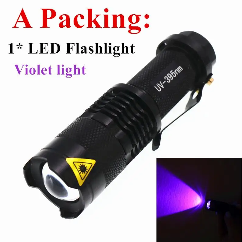 A Packing- UV LED Портативный мини-светильник с зумом, СВЕТОДИОДНЫЙ УФ-фиолетовый светильник, фонарь на батарейках AA/14500, фонарь с зумом, светильник-вспышка - Испускаемый цвет: A Packing- UV LED