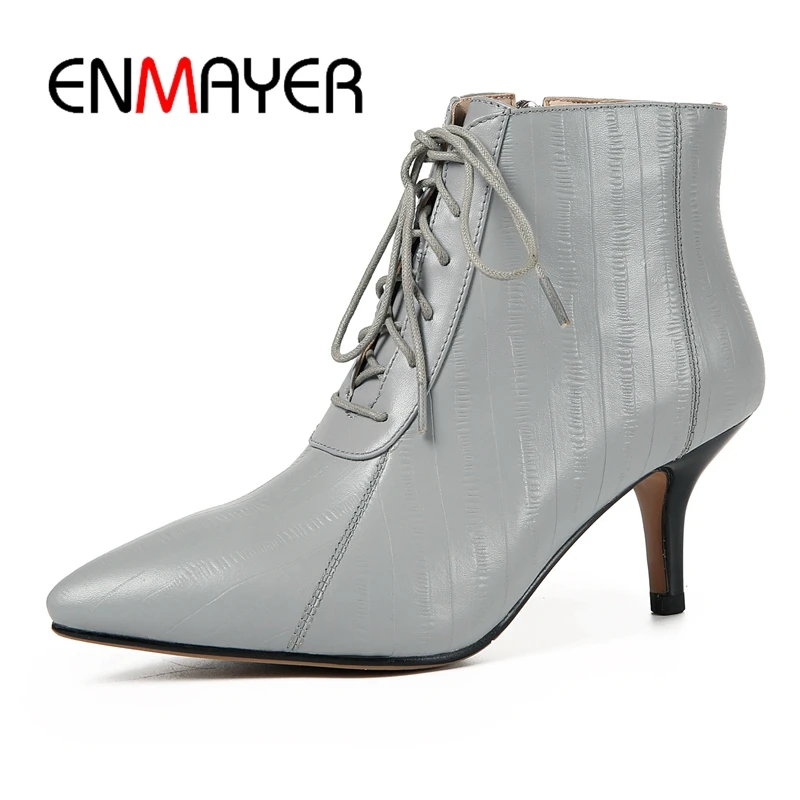 

ENMAYER Genuine Leather Lace-Up Basic Pointed Toe botas mujer shoes woman white boots Size34-39 ZYL1764