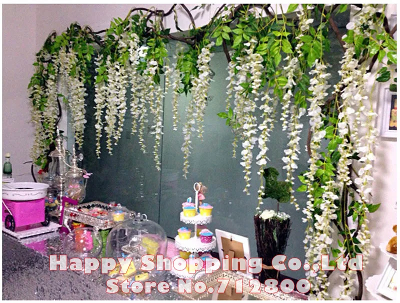 12 шт. 75 см/110 см искусственный шелк Wisteria поддельные Сад Висячие цветы лоза Свадебная вечеринка домашний декор, зеленый красный фиолетовый белый