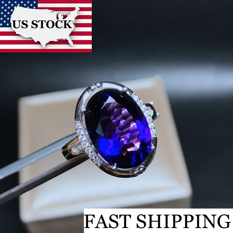 

Uloveido Big Crystal Amethyst Rings, 925 Sterling Silver,Fashion Crystal Ring, February Birthstone Rings for Women FJ337