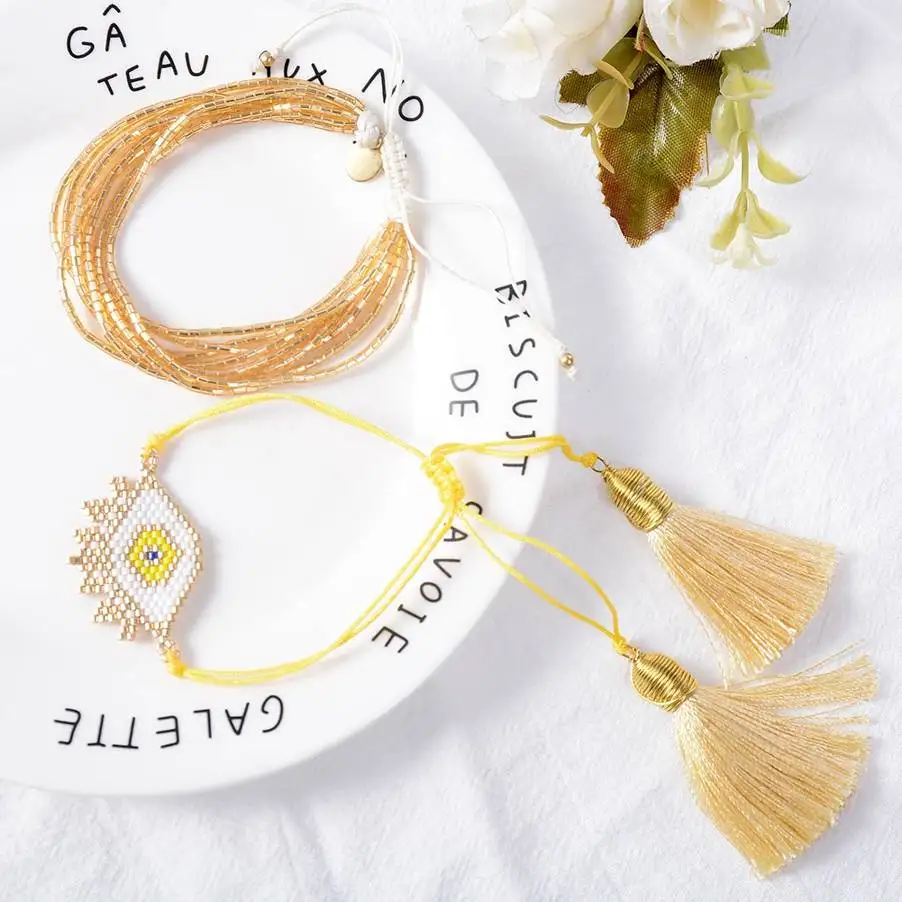 Повседневные Турецкий Дурной глаз браслет Хамса красочные ручной желтого золота