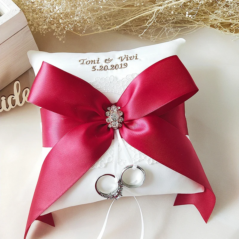 

1pcs unique bearer rings cushion holder satin wedding Bridal white embroidery name ring pillow