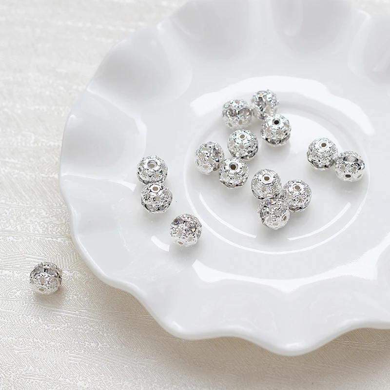 100pcs/lot 8MM silver plated Crystal Spacer Loose Beads Silver Plated Pave Metal Balls beads | Украшения и аксессуары