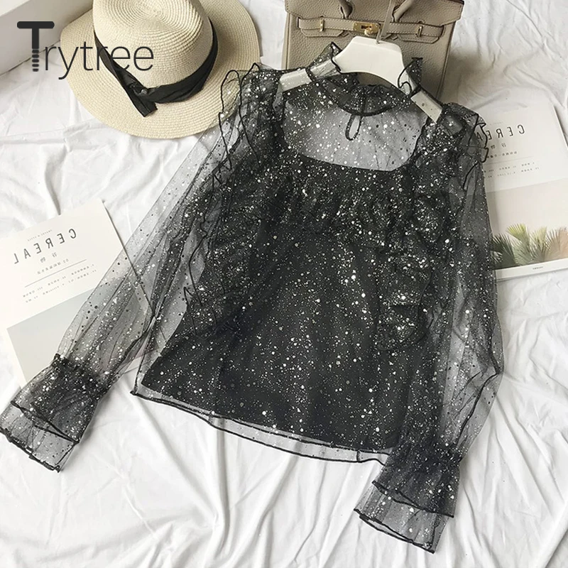 Trytree весенне летняя женская блузка шифоновая повседневная кружевная длинный