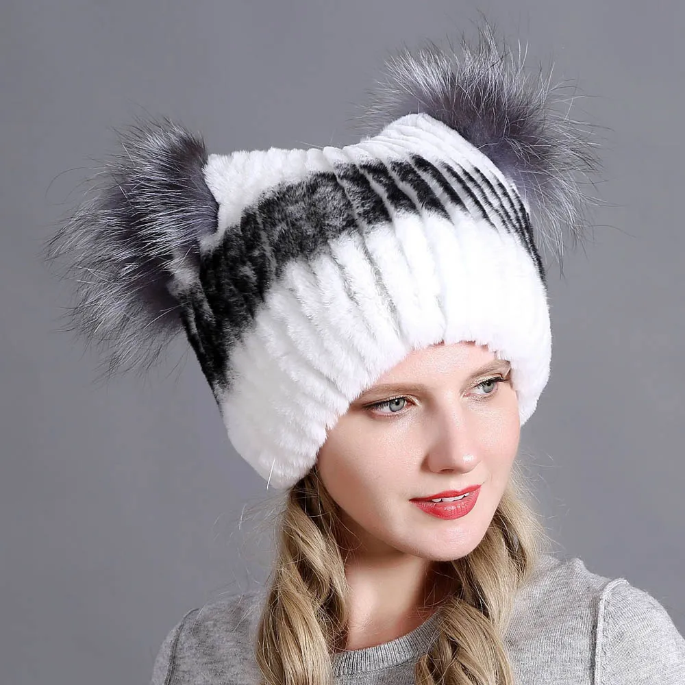 Русская зимняя женская шапка Rex Rabbit бини Лоскутная из лисьего меха модная