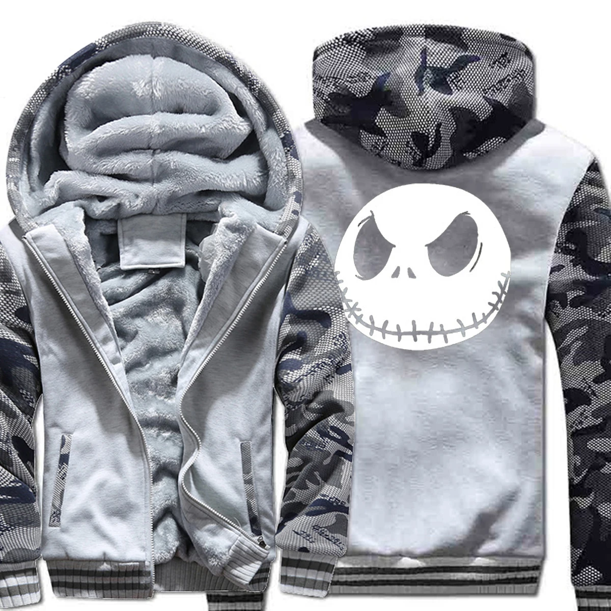 Зимние толстовки с принтом, мужские толстовки Jack Skellington со злом лица, мужские толстовки, спортивный костюм с капюшоном, хипстер - Цвет: gray