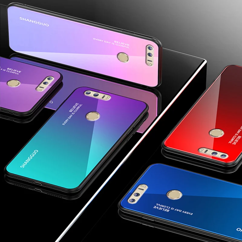 For Huawei Honor 8 Case Tempered Glass Luxury Gradient Soft Silicone Frame Back Cover cases FRD-AL00 phone shell | Мобильные