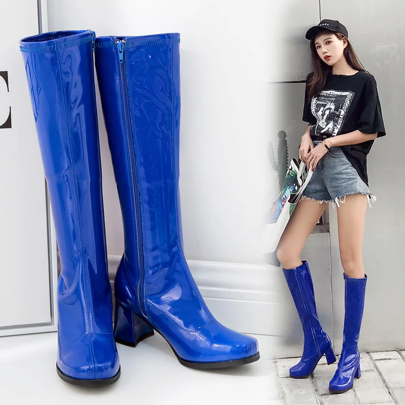 Яркий из лакированной кожи ботинки с высоким голенищем женская обувь на толстом