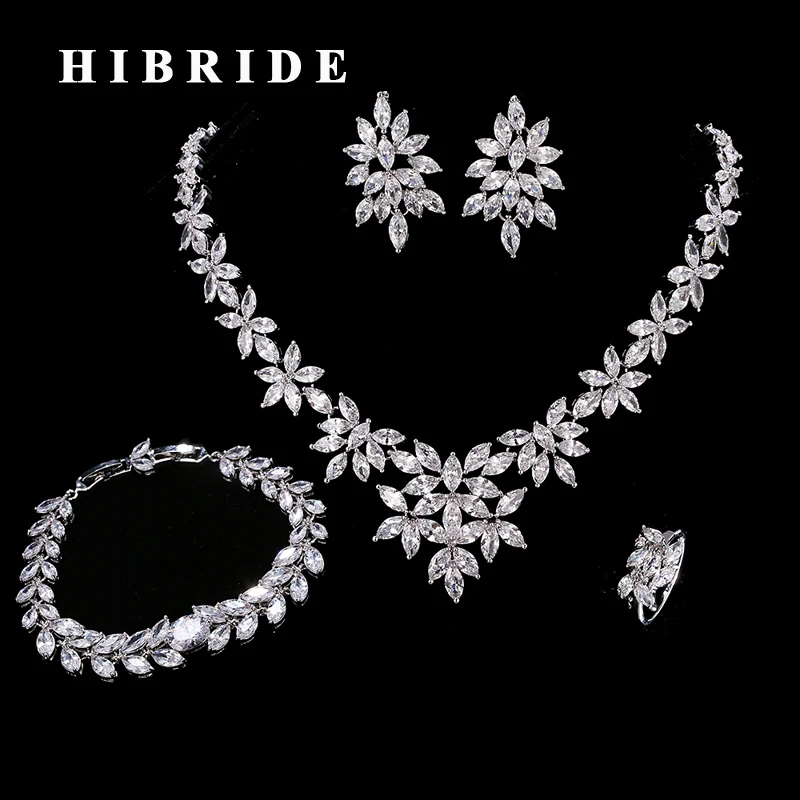 Женский набор украшений HIBRIDE, браслет/кольцо/серьги/ожерелье с кубическим цирконием, 4 шт., свадебные подарки, N-206