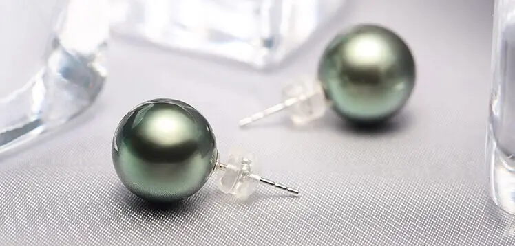 free shipping stunning AAA++ 10-11mm Tahitian black green round pearl earring 14k | Украшения и аксессуары