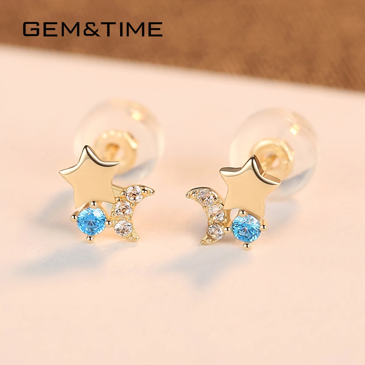Gem& Time, аквамарин, Луна и звезда, серьги-гвоздики для женщин, чистое 14 к желтое золото, ювелирное изделие, Букле д 'Орель, бижутерия En Or Pur E14096