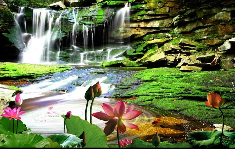 Украшение дома 3d индивидуальные обои водопад лотоса пейзаж ТВ фон фото настенные