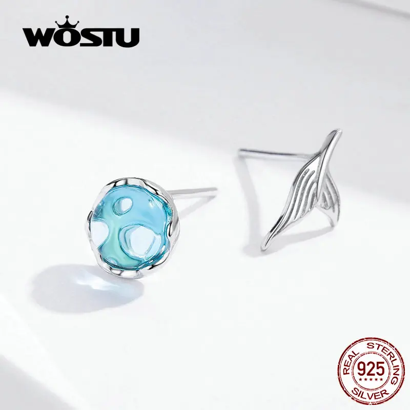 WOSTU Русалка Синий Кристалл Серьги гвоздики 925 пробы серебряные модные серьги для женщин Свадебные серьги, ювелирные изделия CQE630