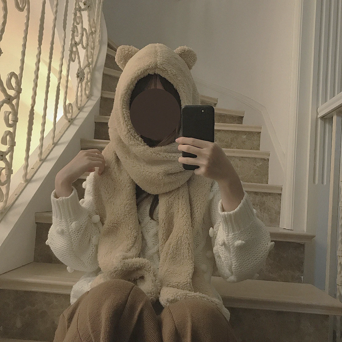 Японский женский теплый шарф Kawaii Bear зимний мягкий плюшевый с капюшоном шапка