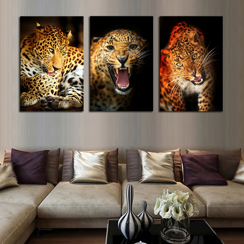 Без рамки животное 3 панели большой HD желтый картина с леопардом печать живопись