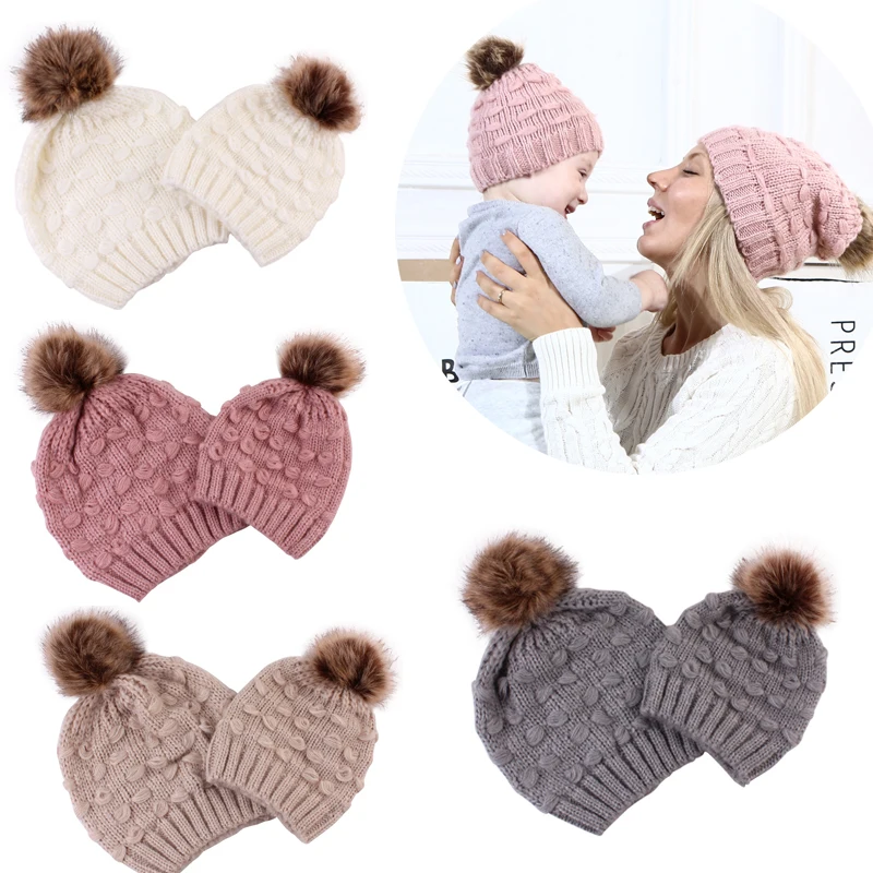 Parent-child Autumn Winter Warm Hat Woolen Knitted Family Matching Bonnet Faux Fur Pompom Baby Boy Girl Mom Cap Earflap Beanie