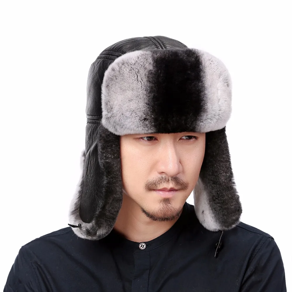 Valpeak зима маска куртка бомбер шляпа мужской реального кролика рекс меховая шапка