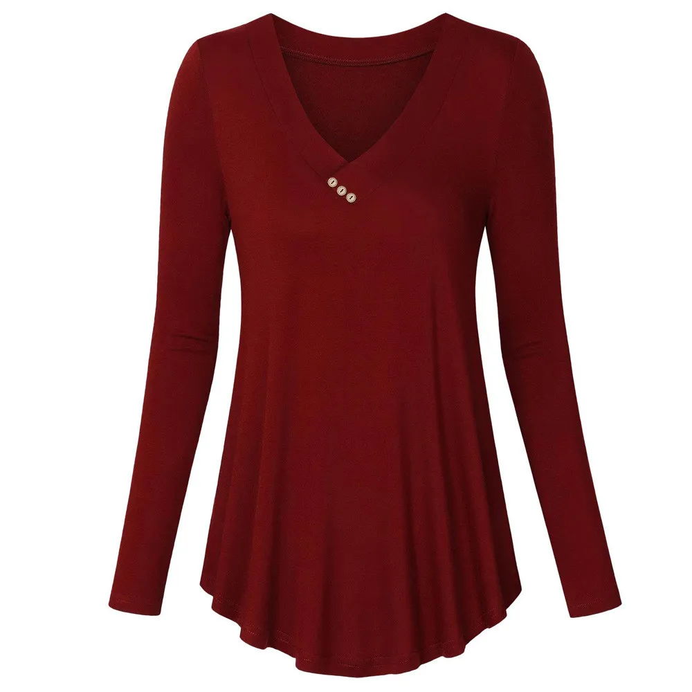 Женская футболка с v-образным вырезом и длинным рукавом,, Camisas Femininas, Женская однотонная Повседневная Свободная футболка на пуговицах/PY