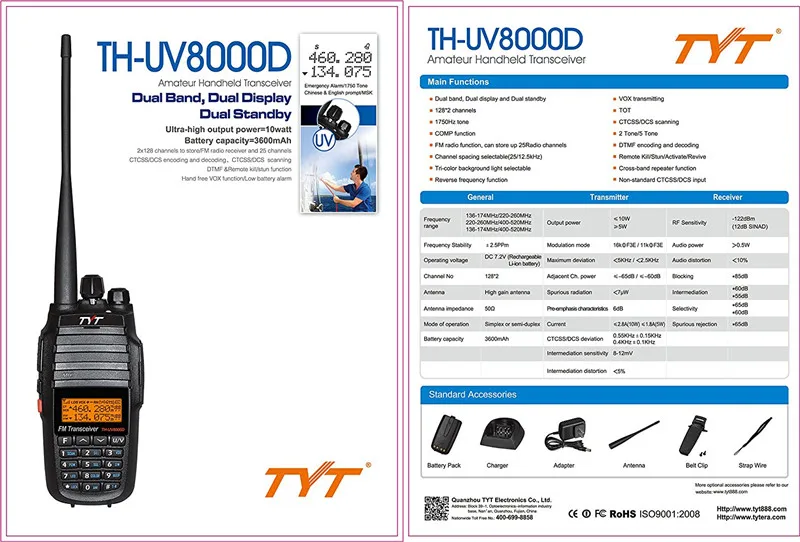VHF-UHF th-uv8000d TYT рация Двухдиапазонная 10 Вт трансцептор радио amador portatil 10 км th-uv8000d walky talky