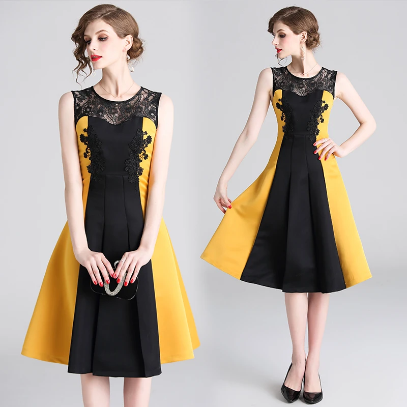 Trytree летнее уличное платье кружевное без рукавов ТРАПЕЦИЕВИДНОЕ женское желтое