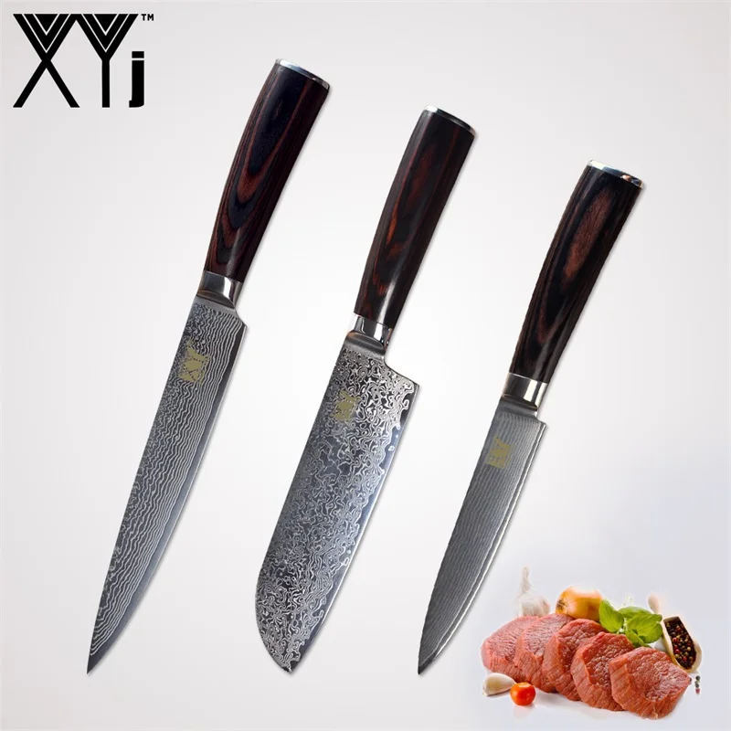 F.3 Pcs Set XYj цвет деревянной ручкой Дамасские кухонные ножи Набор аксессуаров 73 слоя японский VG10 дамасский стальной нож кухонный подарок - Цвет: F.3 Pcs Set