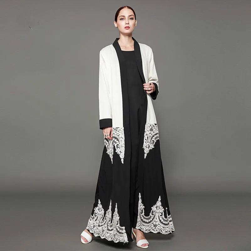 Мусульманское платье с кружевной прострочкой черно-белый женский кардиган халат