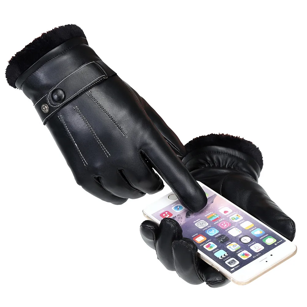 Winter Mens Long Leather Gloves Wool Warm Touchscreen Gloves Waterproof Fur Mittens Heated Cashmere Gloves Motorcycle Gants
