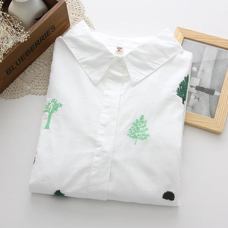 YoYiKamomo 2017 женская рубашка хлопковая с лацканами блузка вышивкой белая милая в