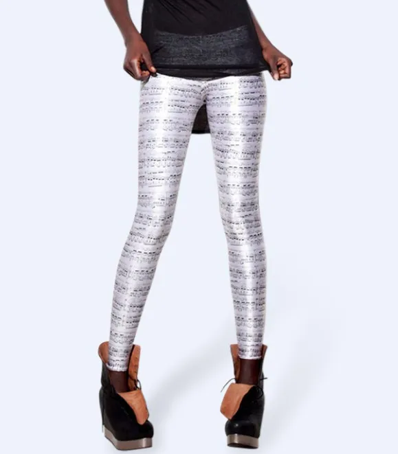 

Fashion Women White Music Score Print Leggings Slim Fit Thin Elastic Polyester Cos Party Pants Casual Trousers Drop Shipping