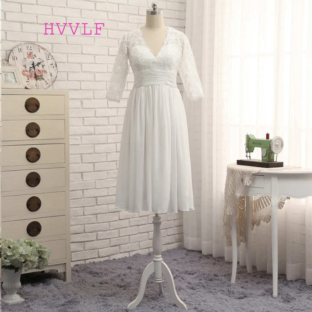 

Real Photo Beach Wedding Dresses A-line 3/4 Sleeves Chiffon Appliques Short Boho Wedding Gown Bridal Dresses Vestido De Noiva