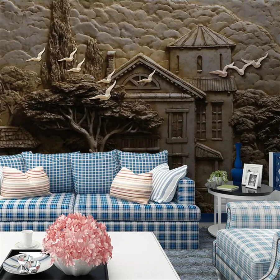 3d фотообои на заказ с рельефным рисунком леса большого дерева птиц фона